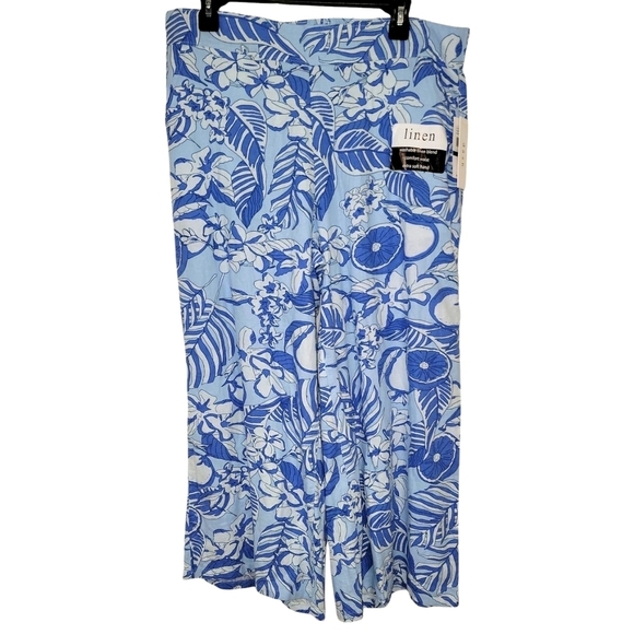 Dash Tropical Flower Multi Blue Linen Crop Pants NWT - Picture 1 of 7
